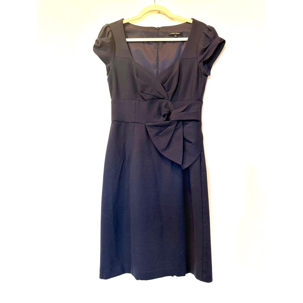 Nanette Lepore Navy Sheath Dress 6 Cap Sleeve V neck Twist Wrap Front Ruffle